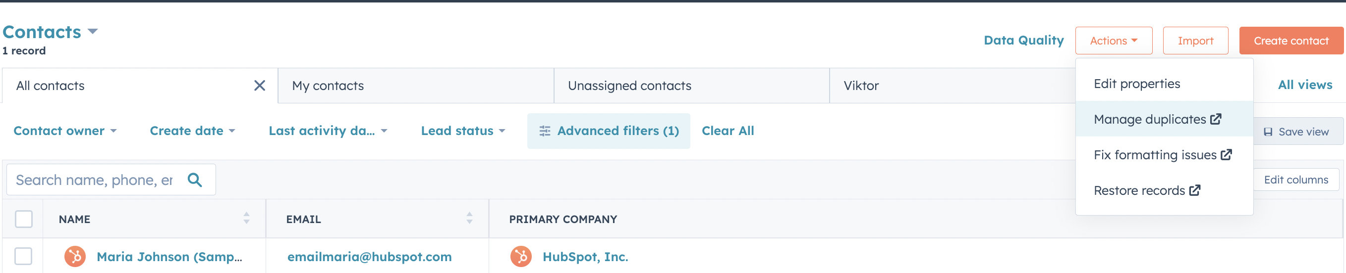 screanshot of hubspot contact list