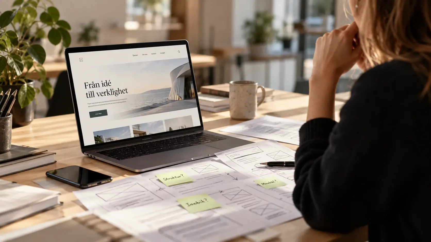 En AI genererad bild på en kvinna som sitter vid sitt skrivbord vid en dator och gör en webb audit