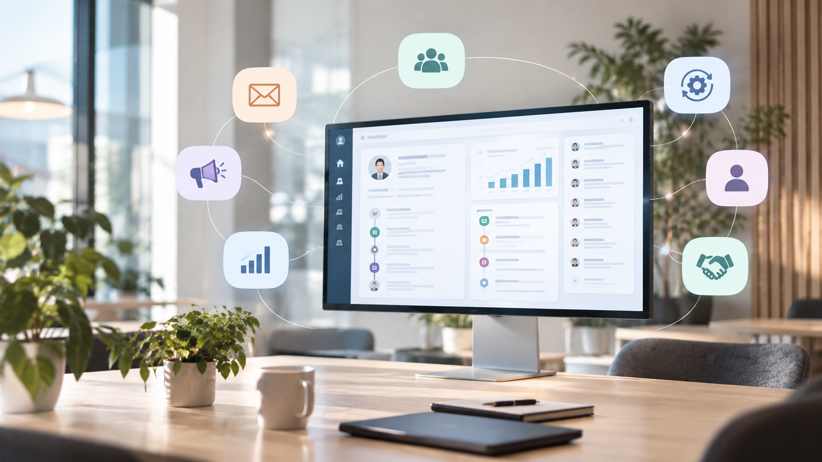 Ett modernt och ljust kontor med en stor skärm i centrum. På skärmen syns en abstrakt CRM vy med kundprofiler, diagram, aktiviteter och olika datapunkter.